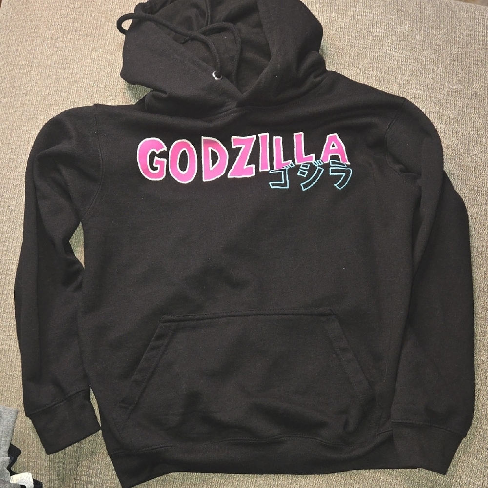 Black Godzilla Hoodie with Pink and Blue Text. Men's Size Small. Like NEW! EUC!